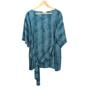 Molly & Isadora Kara Tie-Front Kimono Sleeve Tunic Teal Snakeskin Print Size 2X